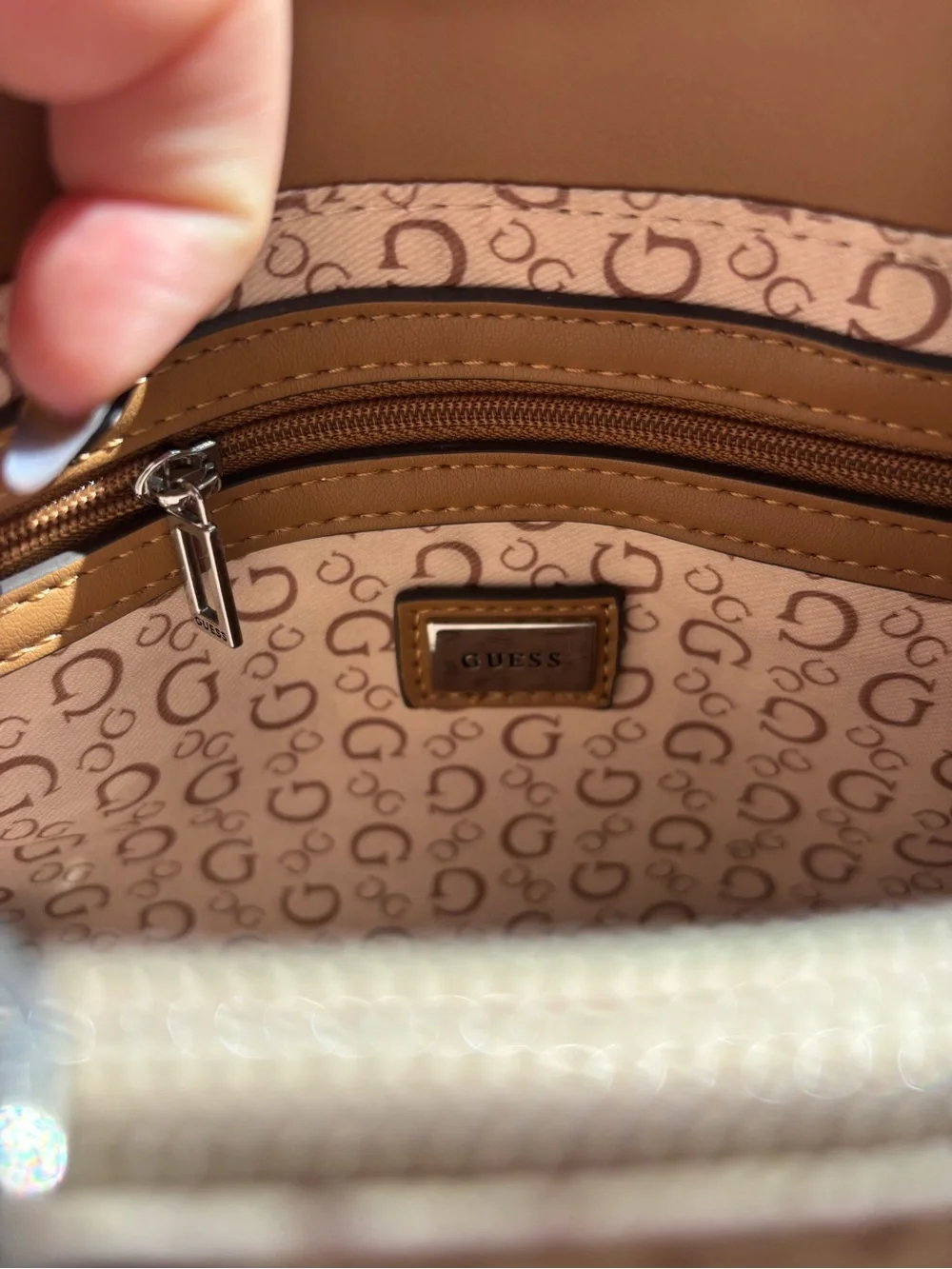 GUESS Tan Logo Chain Accent Satchel/ Hand Bag